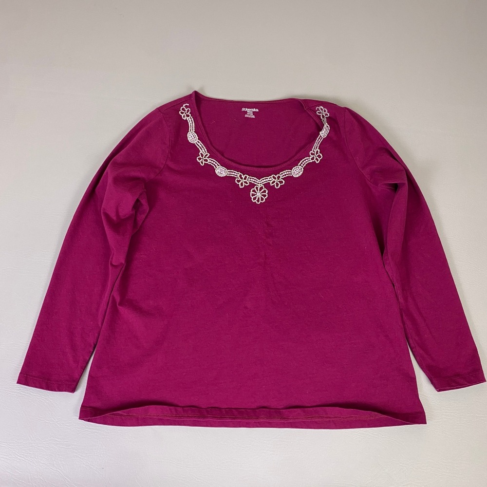 St. Johns Bay Top Women's Plus Size 1X Magenta Long Sleeve Embellished‎ Neck